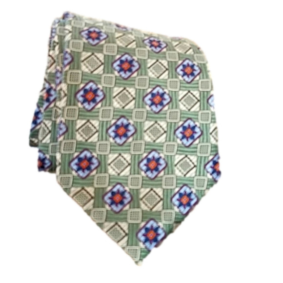 Jos.A.Bank 100% Jacquard Silk Sage Green Blue men's Geometrical Flowers Necktie - Picture 1 of 5